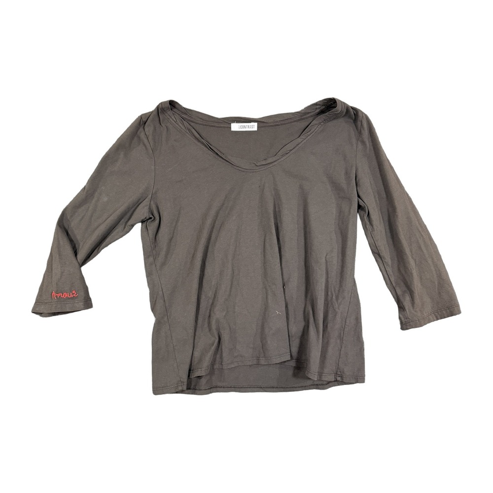 Self Contrast Amour Embroidered 3/4 Sleeve V-Neck Top Dark Gray Charcoal Small